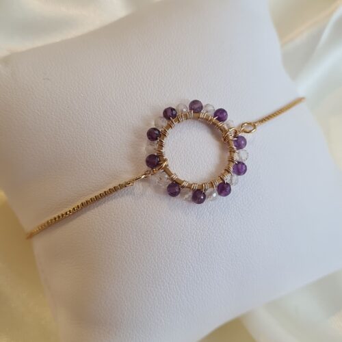 Bracelet ajustable "Ronde de Gemmes" Améthyste et Cristal de roche Gemmissime | Bracelets ajustables fait-main en pierres naturelles | Ronde de gemmes Améthyste et Cristal de roche