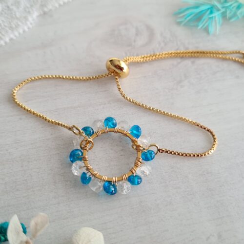 Bracelet ajustable "Ronde de Gemmes" Apatite et Topaze blanche Gemmissime | Bracelets ajustables fait-main en pierres naturelles | Ronde de gemmes Apatite bleu et Topaze blanche