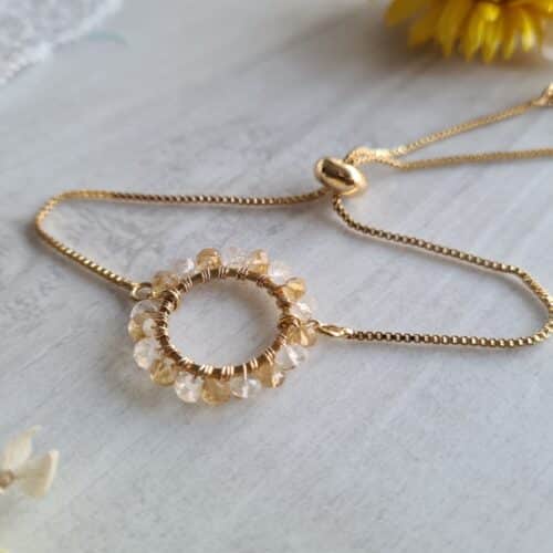 Gemmissime | Bracelet Citrine ajustable fait main en pierres naturelles | Ronde de gemmes Citrine et Cristal de Roche