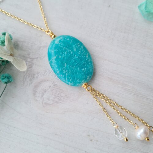 Gemmissime | Collier long fait-main avec pendentif en pierres naturelles | Amazonite et Cristal de roche