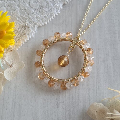 Gemmissime | Collier fait-main avec pendentif rond en pierres naturelles | Citrine Cristal de roche