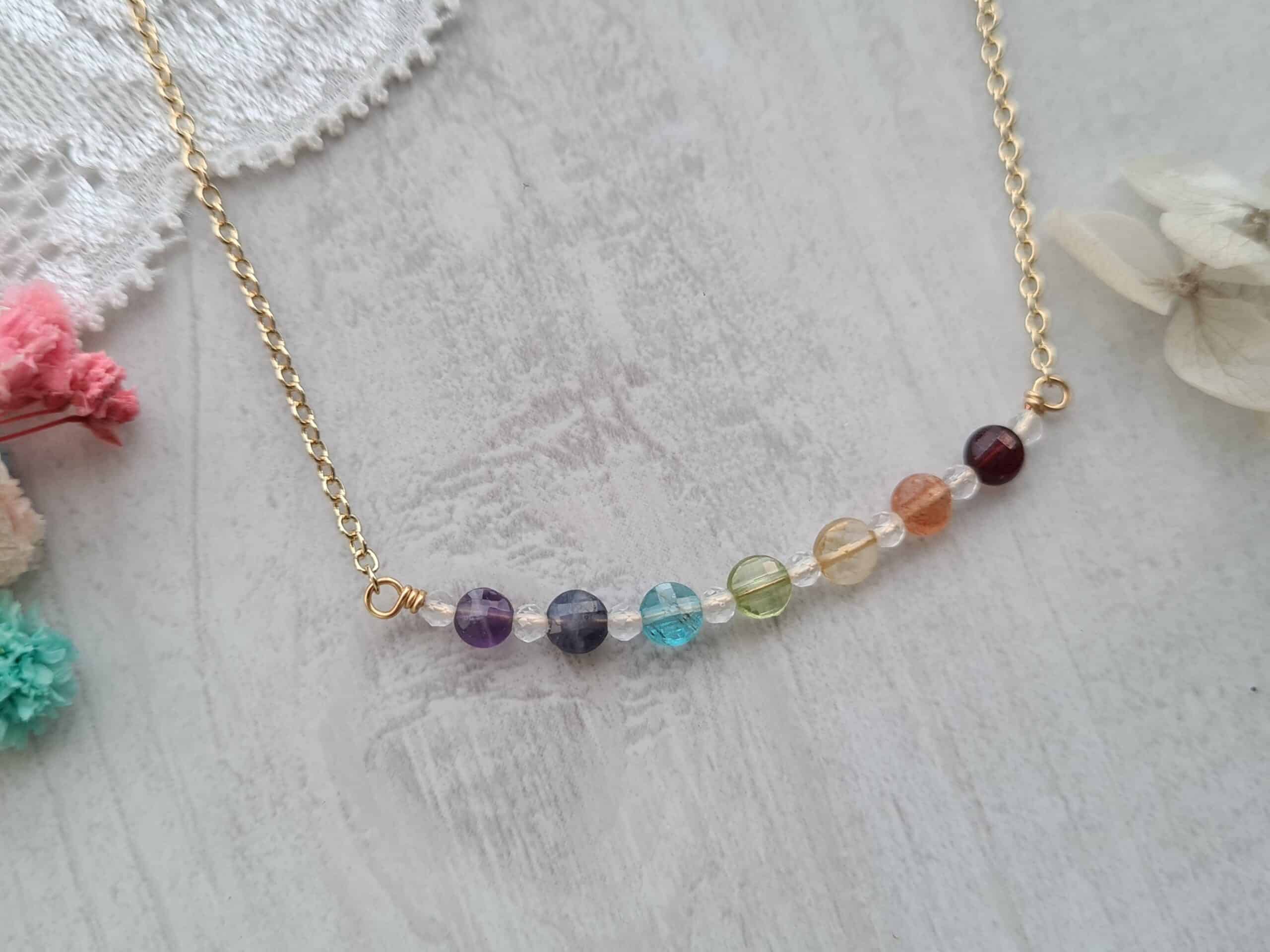 Collier multicolore 7 Chakras ras de cou minimaliste doré-B (7) Gemmissime | Collier ras de cou fait-main avec pendentif en pierres naturelles | 7 chakras