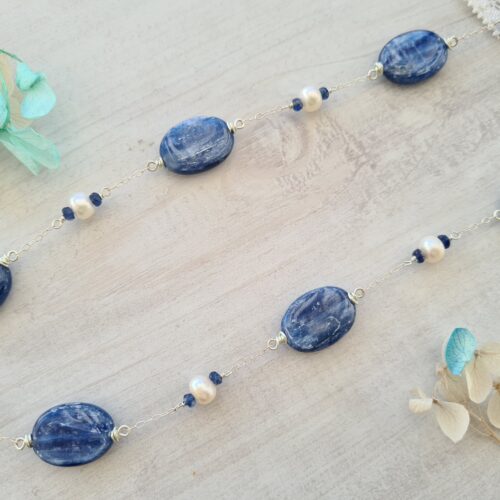 Gemmissime | Sautoir fait-main en pierres naturelles | Cyanite et Perles de culture