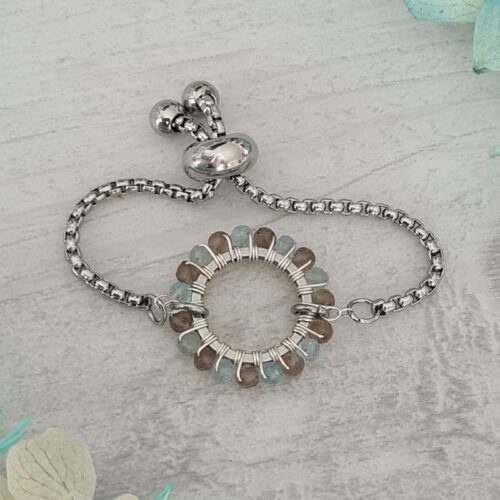 Gemmissime | Bague Acier Inoxydable Apatite Quartz Fumé ajustable fait main en pierres naturelles | Ronde de Gemmes | Brun Bleu pastel