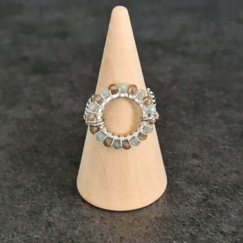 Bague ajustable rond apatite quartz fume acier inoxydable 6