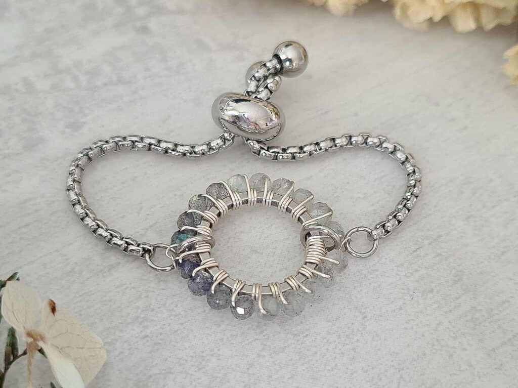 Bague ajustable rond labradorite acier