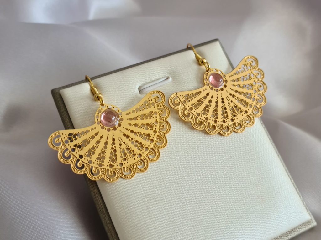 Gemmissime | Boucles Oreille Eventail Tourmaline rose en acier inoxydable