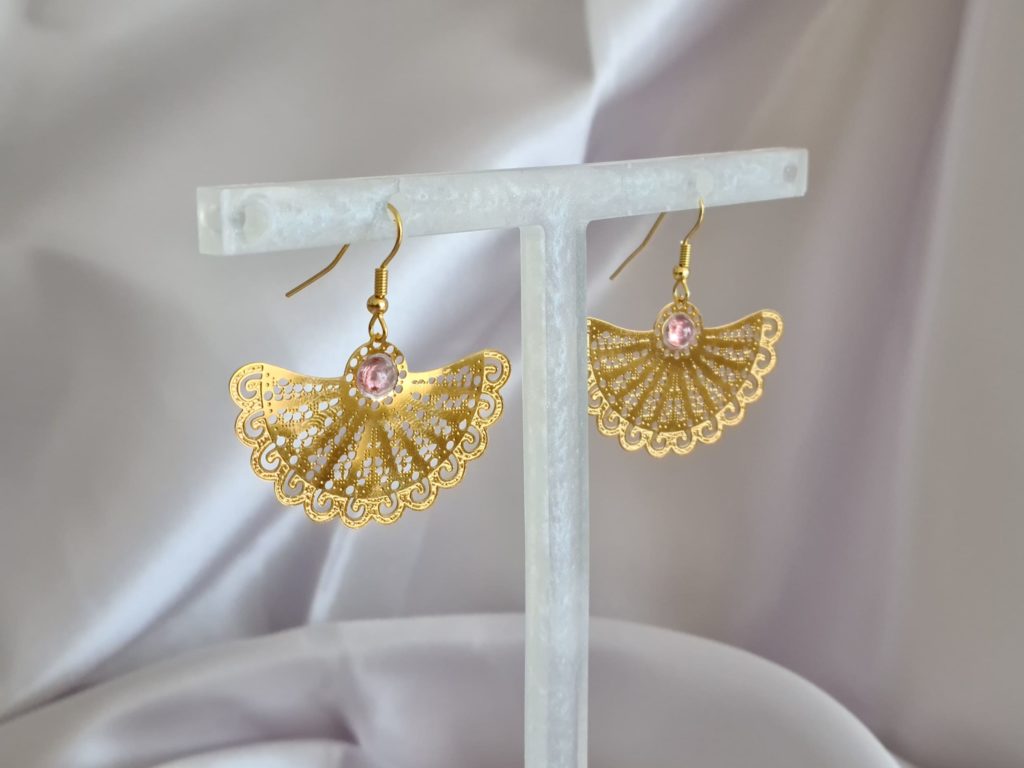 Gemmissime | Boucles Oreille Eventail Tourmaline rose en acier inoxydable