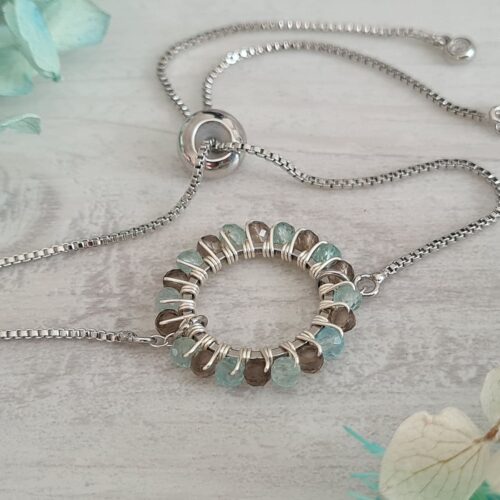 Gemmissime | Bracelet Apatite Quartz Fumé ajustable fait main en pierres naturelles | Ronde de Gemmes | Brun Bleu pastel