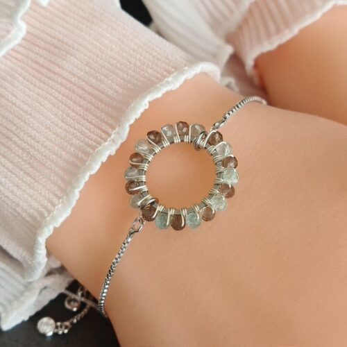 Gemmissime | Bracelet Apatite Quartz Fumé ajustable fait main en pierres naturelles | Ronde de Gemmes | Brun Bleu pastel