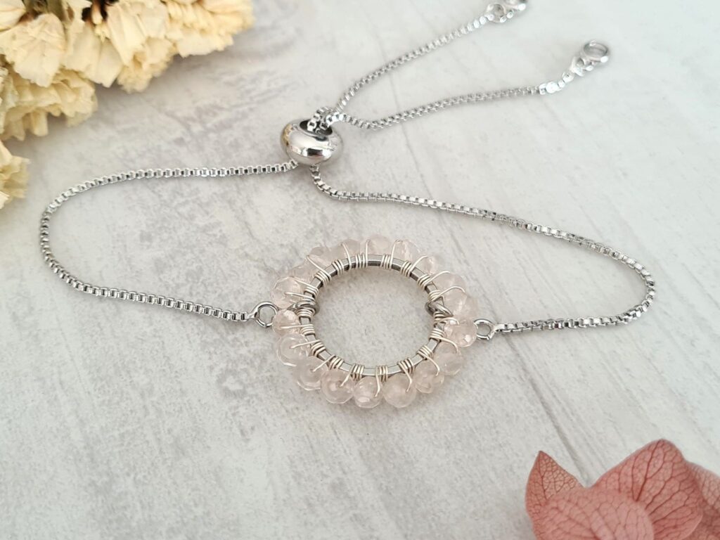 Gemmissime | Bracelet Quartz Rose ajustable fait main en pierres naturelles | Ronde de Gemmes | Quartz rose pastel
