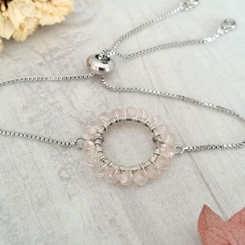 Gemmissime | Bracelet Quartz Rose ajustable fait main en pierres naturelles | Ronde de Gemmes | Quartz rose pastel