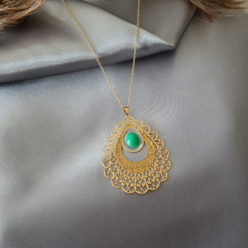 Gemmissime | Collier Pendentif Filigrane Chrysoprase verte en acier inoxydable