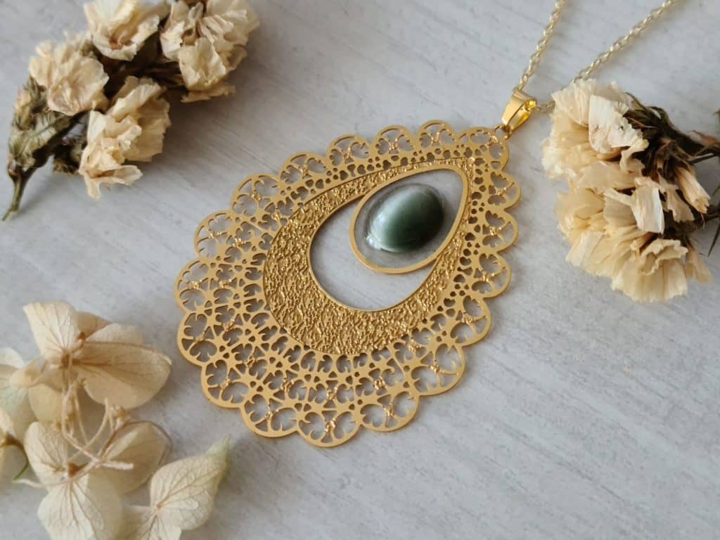 Gemmissime | Collier Pendentif Quartz Oeil de Chat en acier inoxydable