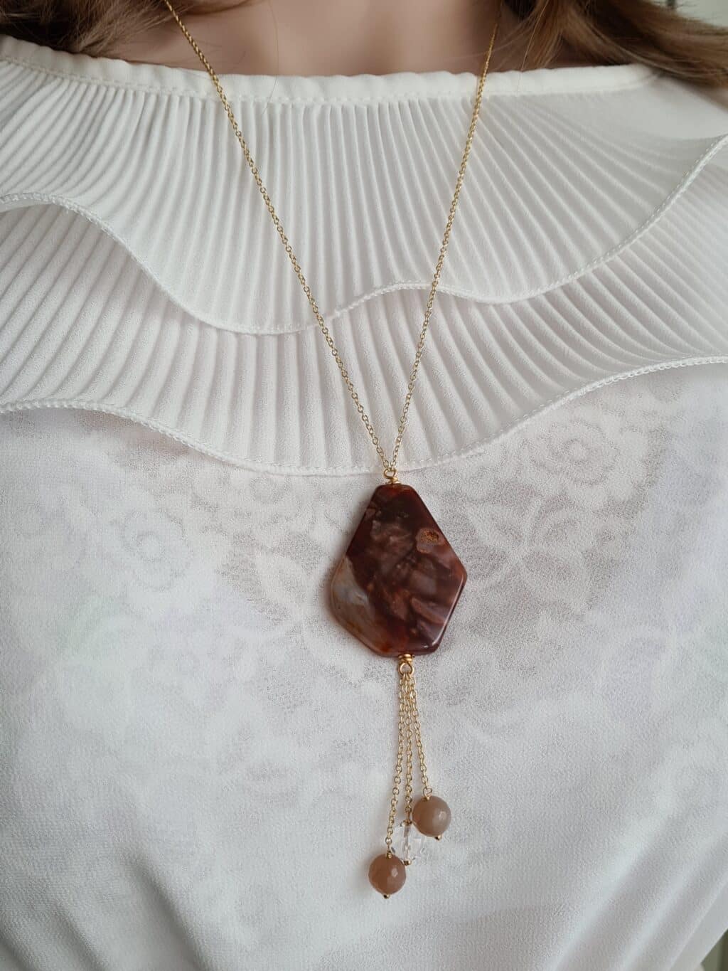 Gemmissime | Collier long fait-main avec pendentif en pierres naturelles | Agate et Pierre de lune