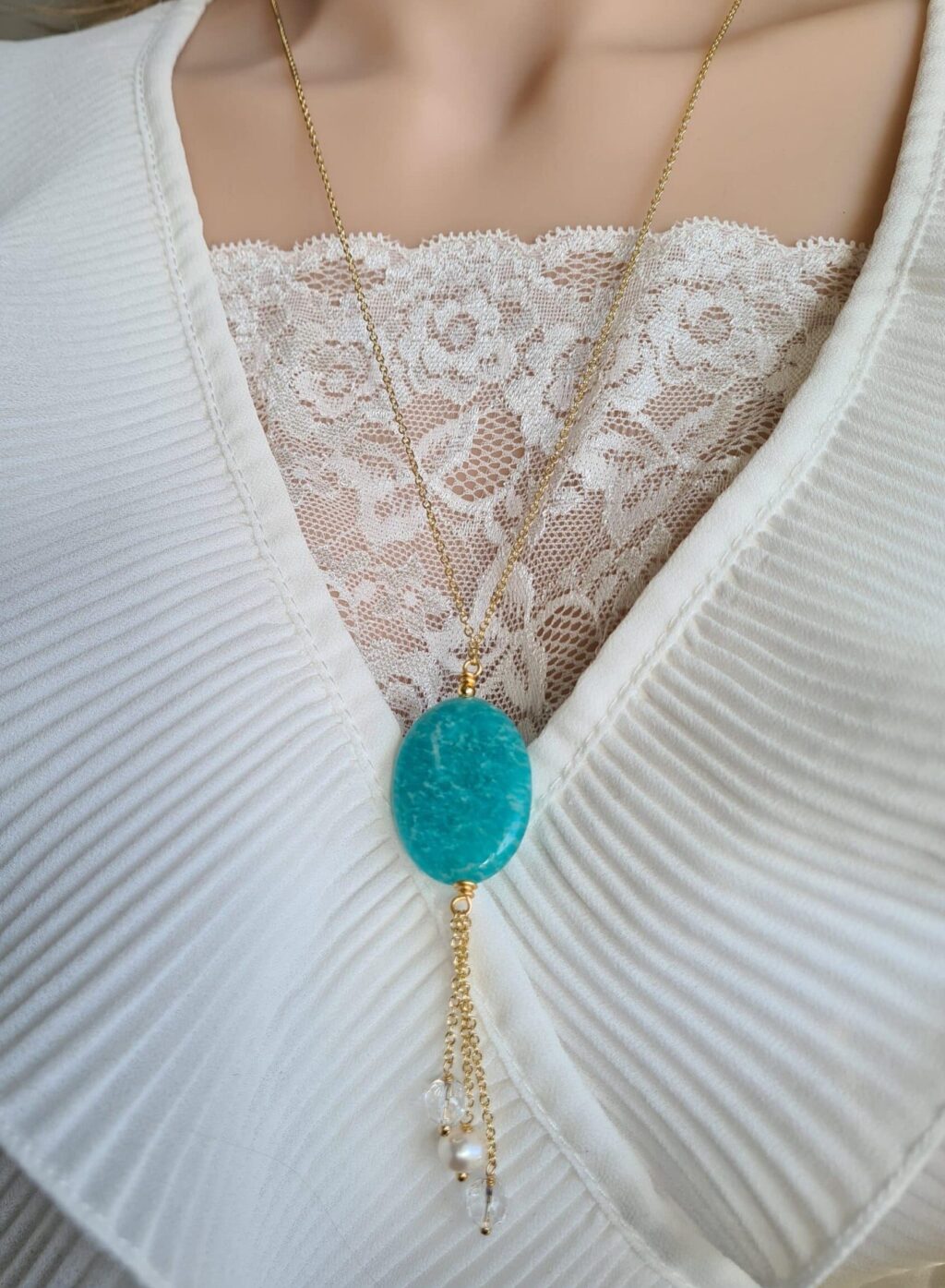 Gemmissime | Collier long fait-main avec pendentif en pierres naturelles | Amazonite et Cristal de roche
