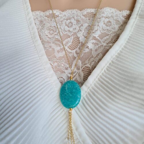 Gemmissime | Collier long fait-main avec pendentif en pierres naturelles | Amazonite et Cristal de roche