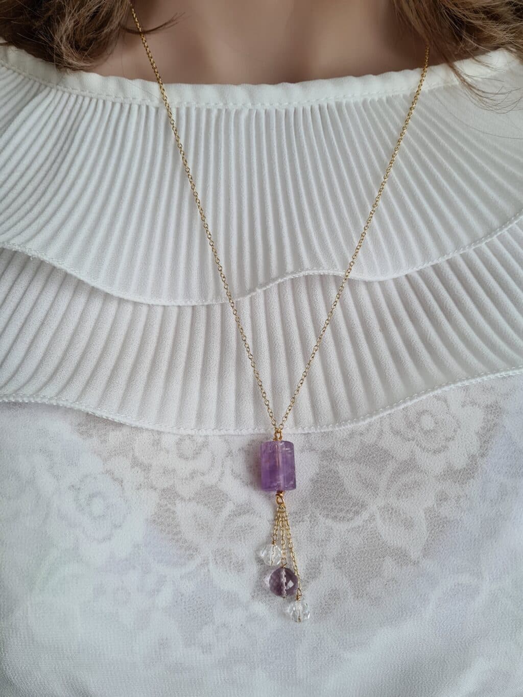 Gemmissime | Collier fait main avec pendentif en pierres naturelles | Pendentif Améthyste du Brésil et Cristal de roche