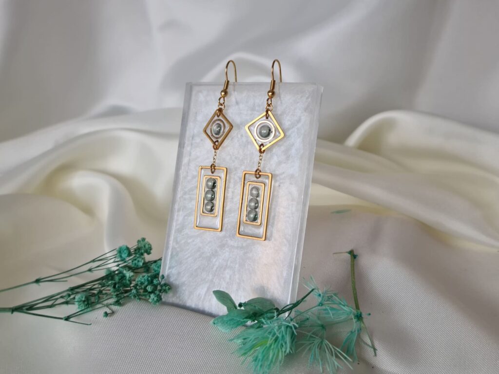 Gemmissime | Boucles d'Oreille Résine Tourmaline acier inoxydable rectangle