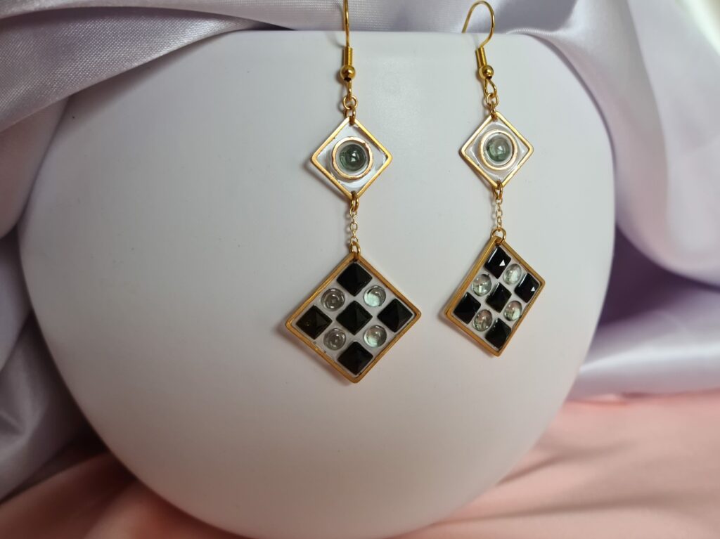 Gemmissime | Boucles d'Oreille Résine Tourmaline acier inoxydable damier