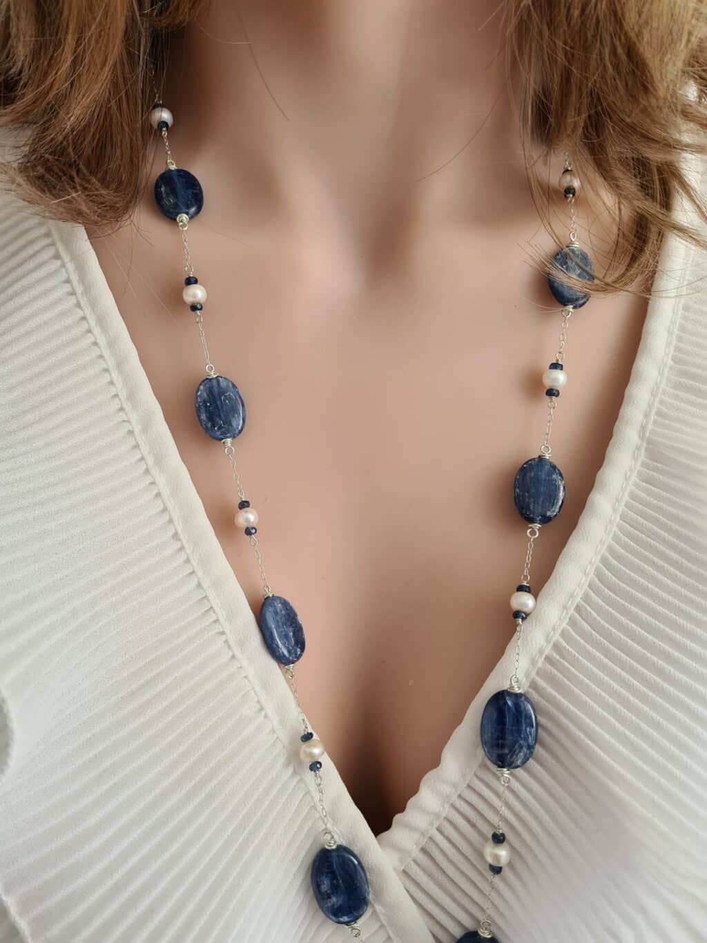 Gemmissime | Sautoir fait-main en pierres naturelles | Cyanite et Perles de culture